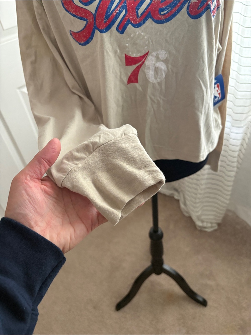NBA Philadelphia 76ers Beige Long Sleeve Tee with Red and Blue Logo - Picture 7 of 7